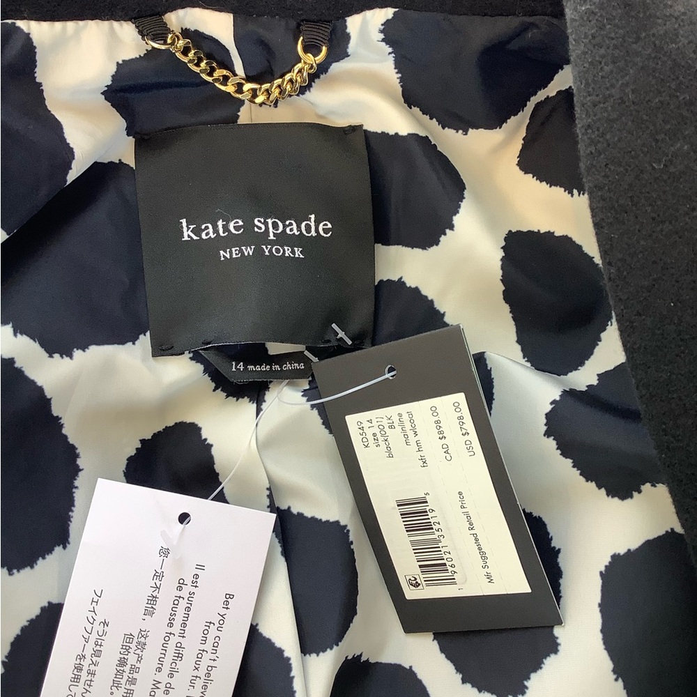 Kate Spade Wool Faux Fur Hem Wool Coat. Black. Size 14. NWT. - Picture 6 of 7